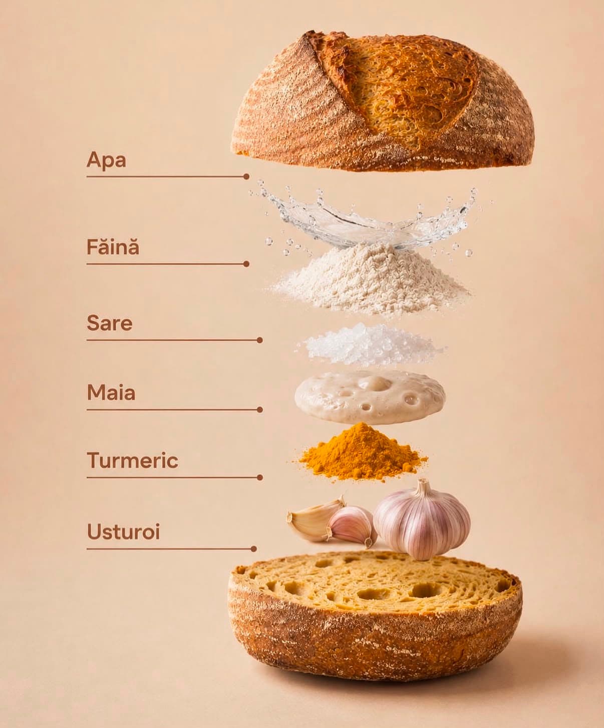 Ingredientele unei pâini cu maia, separate: apă, făină, sare, maia, turmeric și usturoi